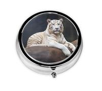 Pill Box with Mirror Albino Tiger Sitting On Rock Animal 3 Compartment Small Pill Case for Purse Or Pocket Mini Metal Pill Holder Travel Weekly Medicine Tablet Vitamin Holder Organizer Travel Gifts