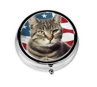 Pill Box with Mirror American Cat USA Flag 3 Compartment Small Pill Case for Purse Or Pocket Mini Metal Pill Holder Travel Weekly Medicine Tablet Vitamin Holder Organizer Travel Gifts