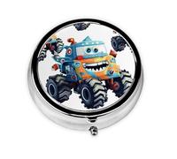 Pill Box with Mirror Cute Monster Trucks 3 Compartment Small Pill Case for Purse Or Pocket Mini Metal Pill Holder Travel Weekly Medicine Tablet Vitamin Holder Organizer Travel Gifts