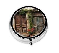 Pill Box with Mirror Doors of Old House 3 Compartment Small Pill Case for Purse Or Pocket Mini Metal Pill Holder Travel Weekly Medicine Tablet Vitamin Holder Organizer Travel Gifts