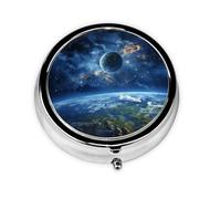 Pill Box with Mirror Earth and Space 3 Compartment Small Pill Case for Purse Or Pocket Mini Metal Pill Holder Travel Weekly Medicine Tablet Vitamin Holder Organizer Travel Gifts