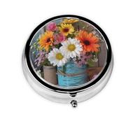 Pill Box with Mirror Farm Fresh Flowers Spring 3 Compartment Small Pill Case for Purse Or Pocket Mini Metal Pill Holder Travel Weekly Medicine Tablet Vitamin Holder Organizer Travel Gifts