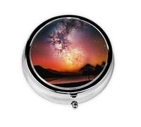 Pill Box with Mirror Glowing Sunset Starry Sky 3 Compartment Small Pill Case for Purse Or Pocket Mini Metal Pill Holder Travel Weekly Medicine Tablet Vitamin Holder Organizer Travel Gifts
