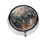Pill Box with Mirror Leaves Floral On Rustic Wood 3 Compartment Small Pill Case for Purse Or Pocket Mini Metal Pill Holder Travel Weekly Medicine Tablet Vitamin Holder Organizer Travel Gifts