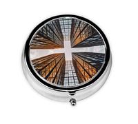 Pill Box with Mirror Skyscraper Looking Up at Sky 3 Compartment Small Pill Case for Purse Or Pocket Mini Metal Pill Holder Travel Weekly Medicine Tablet Vitamin Holder Organizer Travel Gifts