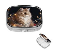 Pill Case 2 Compartment Pill Box Portable Metal Pill Organizer Cute Travel Pill Container A Cat and Christmas Lights Vitamin Organizer for Purse Pocket Travel Gift