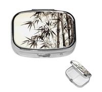 Pill Case 2 Compartment Pill Box Portable Metal Pill Organizer Cute Travel Pill Container Bamboo Tree Image Chinese Calligraphy Vitamin Organizer for Purse Pocket Travel Gift