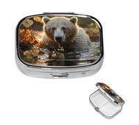 Pill Case 2 Compartment Pill Box Portable Metal Pill Organizer Cute Travel Pill Container Bear Crossing The River Vitamin Organizer for Purse Pocket Travel Gift