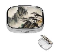Pill Case 2 Compartment Pill Box Portable Metal Pill Organizer Cute Travel Pill Container Chinese Landscape Painting Vitamin Organizer for Purse Pocket Travel Gift