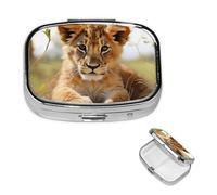 Pill Case 2 Compartment Pill Box Portable Metal Pill Organizer Cute Travel Pill Container Cute Little Animal Lion Vitamin Organizer for Purse Pocket Travel Gift