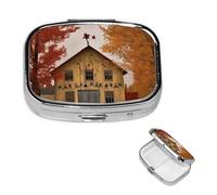 Pill Case 2 Compartment Pill Box Portable Metal Pill Organizer Cute Travel Pill Container Fall Country Barn Vitamin Organizer for Purse Pocket Travel Gift