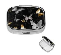 Pill Case 2 Compartment Pill Box Portable Metal Pill Organizer Cute Travel Pill Container Gold White Butterflies Black Vitamin Organizer for Purse Pocket Travel Gift