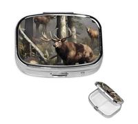Pill Case 2 Compartment Pill Box Portable Metal Pill Organizer Cute Travel Pill Container Hunting Deer Bear Elk1 Vitamin Organizer for Purse Pocket Travel Gift