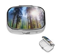 Pill Case 2 Compartment Pill Box Portable Metal Pill Organizer Cute Travel Pill Container National Parks Sunshine Trees Vitamin Organizer for Purse Pocket Travel Gift