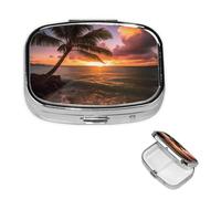 Pill Case 2 Compartment Pill Box Portable Metal Pill Organizer Cute Travel Pill Container Palm Tree Sunset Beach Vitamin Organizer for Purse Pocket Travel Gift
