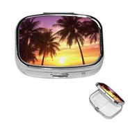 Pill Case 2 Compartment Pill Box Portable Metal Pill Organizer Cute Travel Pill Container Palm Trees at Sunset Vitamin Organizer for Purse Pocket Travel Gift