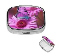 Pill Case 2 Compartment Pill Box Portable Metal Pill Organizer Cute Travel Pill Container Pink Flower Purple Butterfly Vitamin Organizer for Purse Pocket Travel Gift