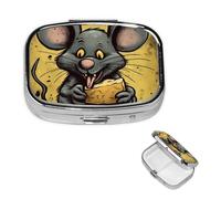 Pill Case 2 Compartment Pill Box Portable Metal Pill Organizer Cute Travel Pill Container Rat Eats A Piece of Cheese Vitamin Organizer for Purse Pocket Travel Gift