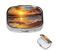 Pill Case 2 Compartment Pill Box Portable Metal Pill Organizer Cute Travel Pill Container Sunset Beach Vitamin Organizer for Purse Pocket Travel Gift