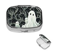 Pill Case 2 Compartment Pill Box Portable Metal Pill Organizer Cute Travel Pill Container White Patterned Ghost Vitamin Organizer for Purse Pocket Travel Gift