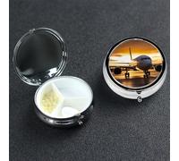 Pill Case 3 Compartment Pill Box Portable Metal Pill Organizer Cute Travel Pill Container Airplane in The Evening Light Vitamin Organizer for Purse Pocket Travel Gift