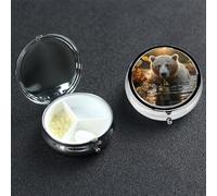 Pill Case 3 Compartment Pill Box Portable Metal Pill Organizer Cute Travel Pill Container Bear Crossing The River Vitamin Organizer for Purse Pocket Travel Gift