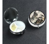 Pill Case 3 Compartment Pill Box Portable Metal Pill Organizer Cute Travel Pill Container Chinese Landscape Painting Vitamin Organizer for Purse Pocket Travel Gift