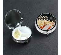 Pill Case 3 Compartment Pill Box Portable Metal Pill Organizer Cute Travel Pill Container Cinema Clapboard and Popcorn Vitamin Organizer for Purse Pocket Travel Gift