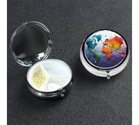 Pill Case 3 Compartment Pill Box Portable Metal Pill Organizer Cute Travel Pill Container Color World Map Vitamin Organizer for Purse Pocket Travel Gift