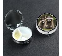 Pill Case 3 Compartment Pill Box Portable Metal Pill Organizer Cute Travel Pill Container Cute Raccoon Vitamin Organizer for Purse Pocket Travel Gift