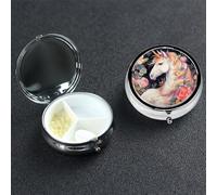 Pill Case 3 Compartment Pill Box Portable Metal Pill Organizer Cute Travel Pill Container Flower and Unicorn Vitamin Organizer for Purse Pocket Travel Gift