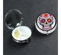 Pill Case 3 Compartment Pill Box Portable Metal Pill Organizer Cute Travel Pill Container Sugar Skull Vitamin Organizer for Purse Pocket Travel Gift