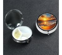 Pill Case 3 Compartment Pill Box Portable Metal Pill Organizer Cute Travel Pill Container Sunset Beach Vitamin Organizer for Purse Pocket Travel Gift