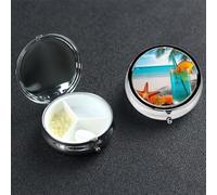 Pill Case 3 Compartment Pill Box Portable Metal Pill Organizer Cute Travel Pill Container Tropical Cocktail with Starfish Vitamin Organizer for Purse Pocket Travel Gift