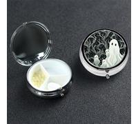 Pill Case 3 Compartment Pill Box Portable Metal Pill Organizer Cute Travel Pill Container White Patterned Ghost Vitamin Organizer for Purse Pocket Travel Gift