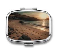 Pill Case 3 Compartment Pill Box Round Pills Organize Beach at Sunset Pillbox Metal Waterproof Medicine Organizer Box for Travel Pills Container Storage Box for Medication Planner