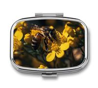 Pill Case 3 Compartment Pill Box Round Pills Organize Bee Stays on Flower Pillbox Metal Waterproof Medicine Organizer Box for Travel Pills Container Storage Box for Medication Planner