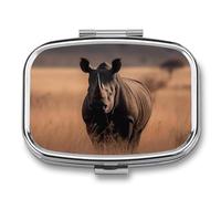 Pill Case 3 Compartment Pill Box Round Pills Organize Big Rhino in The Wilderness Pillbox Metal Waterproof Medicine Organizer Box for Travel Pills Container Storage Box for Medication Planner