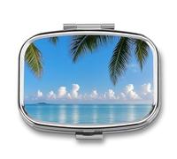 Pill Case 3 Compartment Pill Box Round Pills Organize Blue SeSky Coconut Tree Pillbox Metal Waterproof Medicine Organizer Box for Travel Pills Container Storage Box for Medication Planner