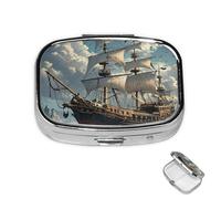 Pill Case 3 Compartment Pill Box Round Pills Organize Fantasy Pirate Ship Pillbox Metal Waterproof Medicine Organizer Box for Travel Medicines Container Storage Box for Medication Planner
