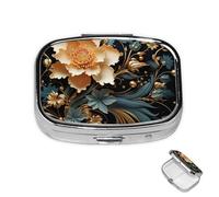 Pill Case 3 Compartment Pill Box Round Pills Organize Gold Flowers on Black Pillbox Metal Waterproof Medicine Organizer Box for Travel Medicines Container Storage Box for Medication Planner