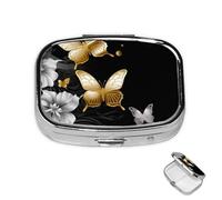 Pill Case 3 Compartment Pill Box Round Pills Organize Gold White Butterflies Black Pillbox Metal Waterproof Medicine Organizer Box for Travel Medicines Container Storage Box for Medication Planner