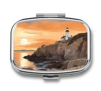 Pill Case 3 Compartment Pill Box Round Pills Organize Lighthouse Located by The Sea Pillbox Metal Waterproof Medicine Organizer Box for Travel Pills Container Storage Box for Medication Planner