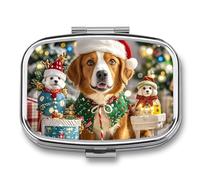 Pill Case 3 Compartment Pill Box Round Pills Organize Merry Christmas Dog Pillbox Metal Waterproof Medicine Organizer Box for Travel Pills Container Storage Box for Medication Planner