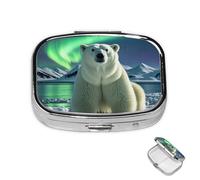 Pill Case 3 Compartment Pill Box Round Pills Organize Northern Lights Polar Bear Pillbox Metal Waterproof Medicine Organizer Box for Travel Medicines Container Storage Box for Medication Planner