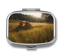 Pill Case 3 Compartment Pill Box Round Pills Organize Pitch A Tent on The Grass Pillbox Metal Waterproof Medicine Organizer Box for Travel Pills Container Storage Box for Medication Planner