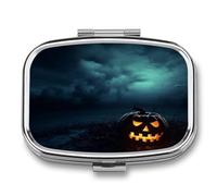 Pill Case 3 Compartment Pill Box Round Pills Organize Pumpkin Lantern at Night Pillbox Metal Waterproof Medicine Organizer Box for Travel Pills Container Storage Box for Medication Planner