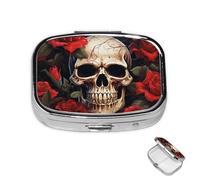 Pill Case 3 Compartment Pill Box Round Pills Organize Skull Rose-Red Pillbox Metal Waterproof Medicine Organizer Box for Travel Medicines Container Storage Box for Medication Planner