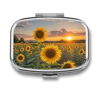 Pill Case 3 Compartment Pill Box Round Pills Organize Sunflower Field Sunset Pillbox Metal Waterproof Medicine Organizer Box for Travel Pills Container Storage Box for Medication Planner