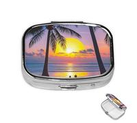Pill Case 3 Compartment Pill Box Round Pills Organize Tropical Beach Palm Tree Sunset Pillbox Metal Waterproof Medicine Organizer Box for Travel Medicines Container Storage Box for Medication Planner